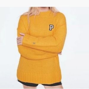 VICTORIA'S SECRET PINK Yellow Mustard Varsity Letter CHUNKY KNIT SWEATER LARGE